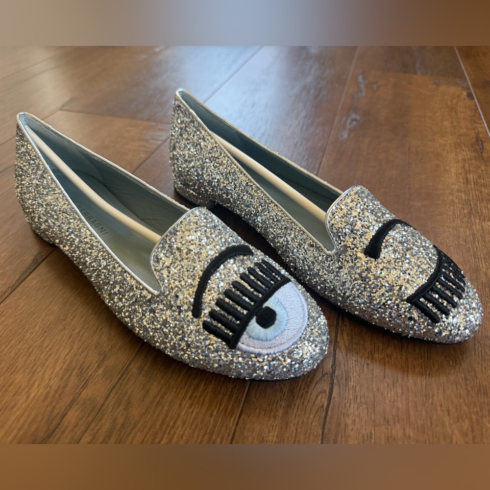 Chiara Ferragni silver glitter winking lash flat shoes US 8/39 New in box